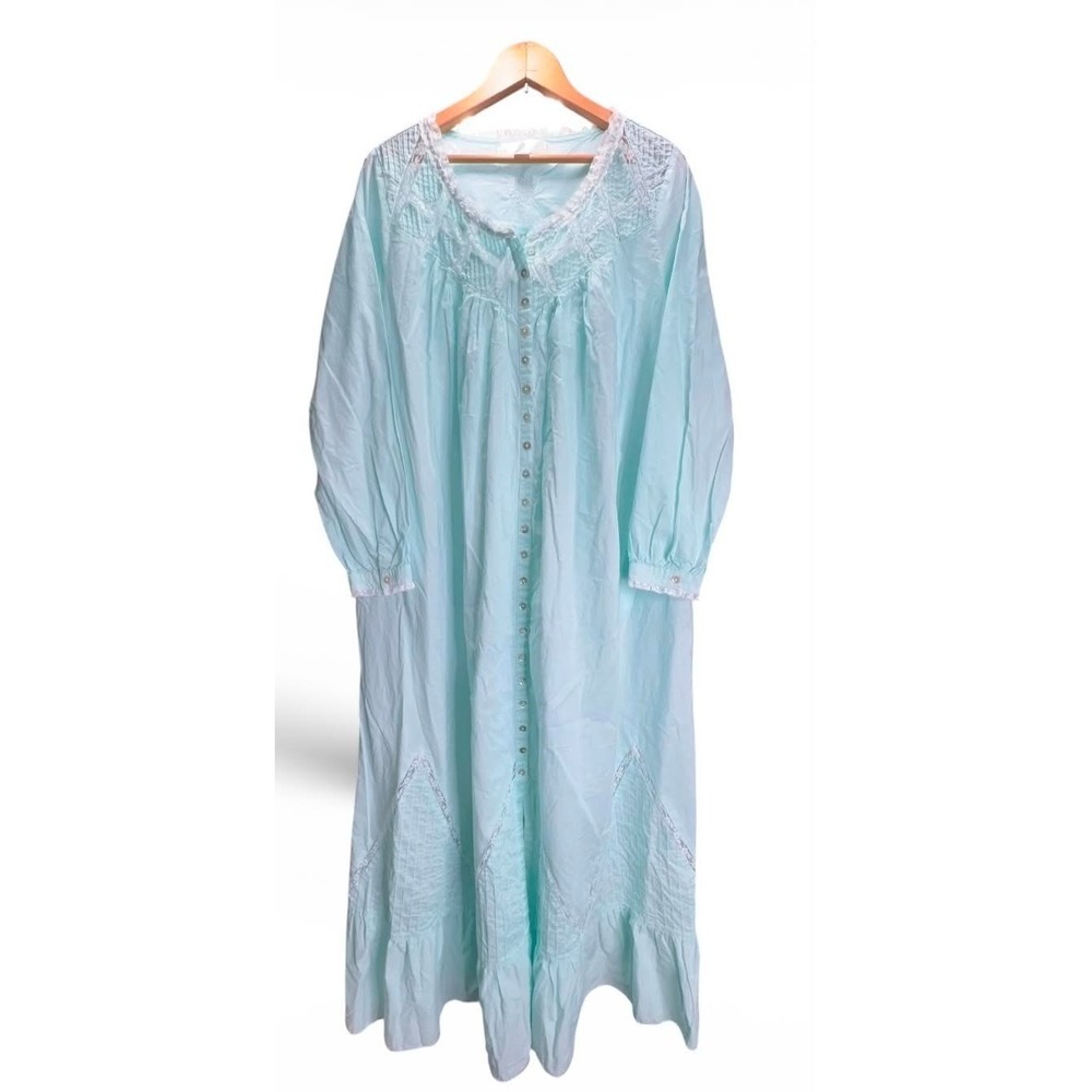 Eileen West Cotton Lawn Nightgown Sz M Aqua Blue Lace Trim Button Front Prairie